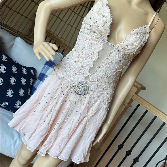 Chic Embellished Blush Mini Dress - Picture 1 of 8
